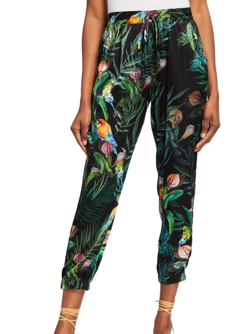 JOHNNY WAS Jungle Tropical Print Black Stretch Silk Jogger Pants Resort Boho L